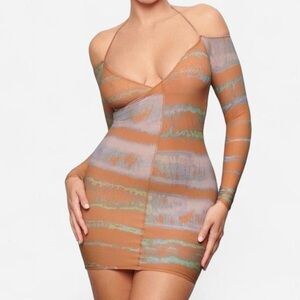 SKIMS Jelly Sheer Bodycon Dress Tie Dye Orange Green Large NWOT